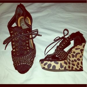 GIANNI BINI Black Leopard Lace-Up Wedges,  7.5 New